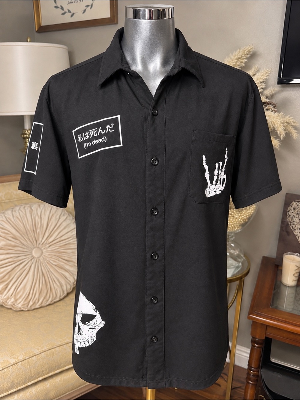 Hot Topic Skeleton Patches Skull Button Up Shirt Men’s M Goth
